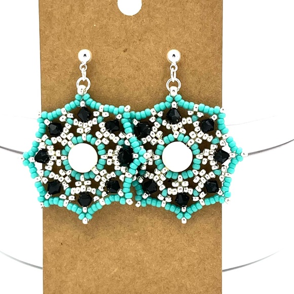 HAND CRAFTED Chunky Web Earrings Turquoise and Silver - Picture 7 of 7